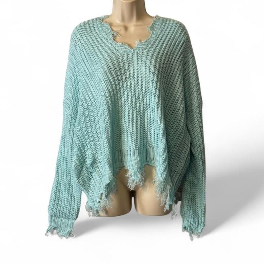 Aqua Green Hooded Distressed Sweater‎